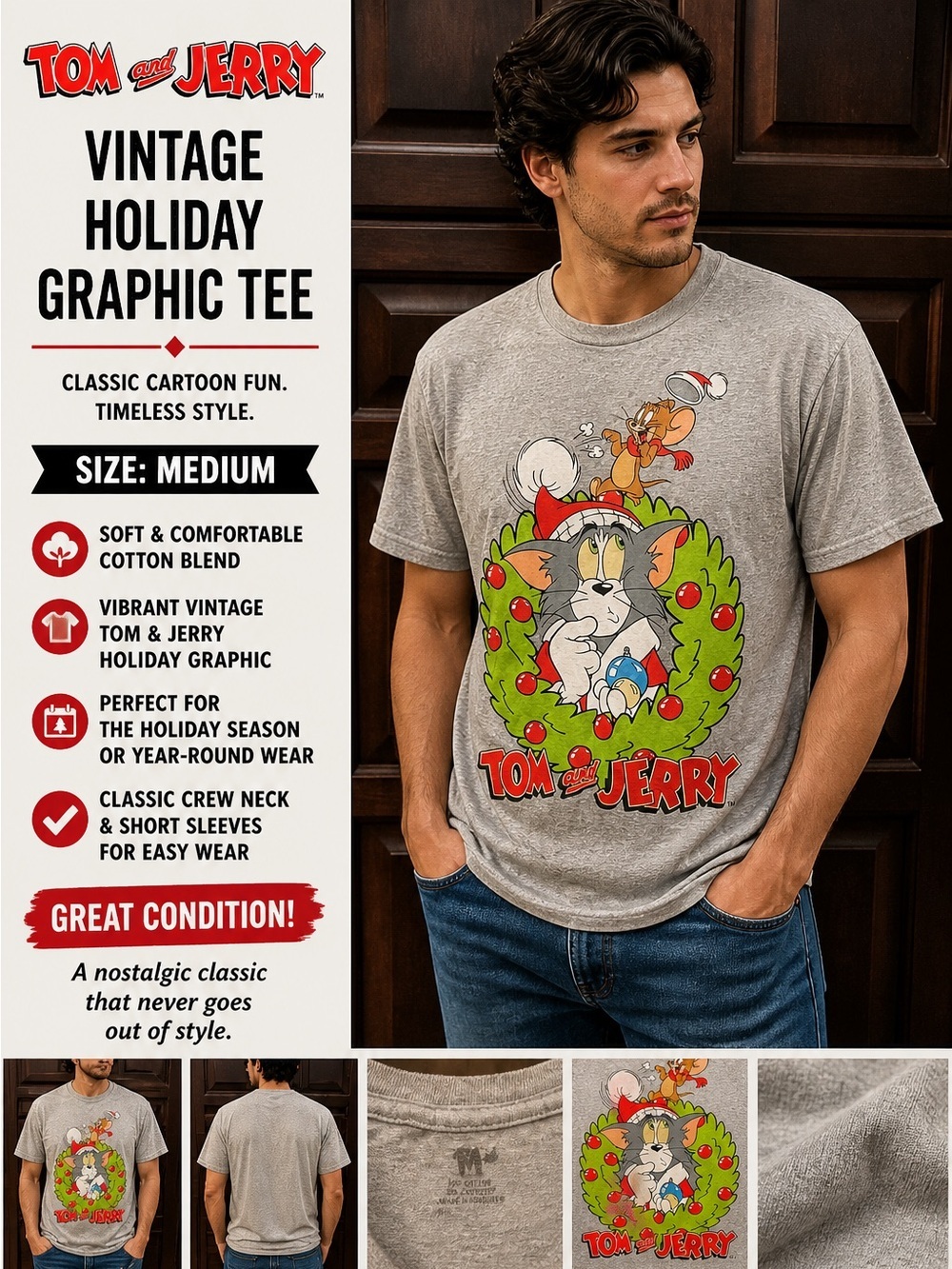 Tom and Jerry Grey Graphic Tee - Holiday Wreath MEDIUM
